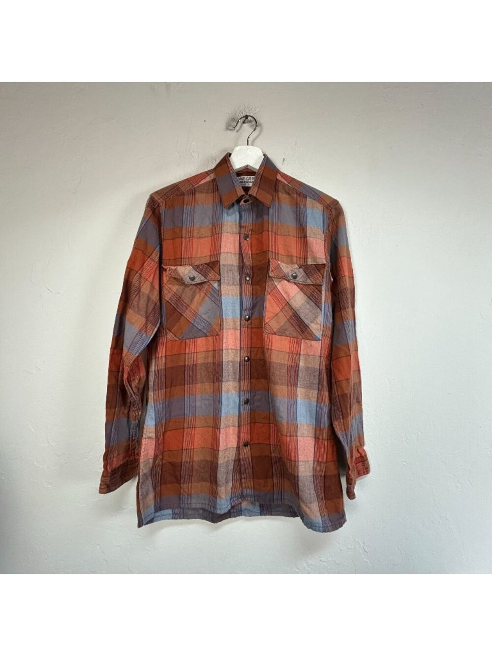 Vintage Jaeger Sportsman Mens Plaid Button-Up Flannel Shirt Small Orange Blue